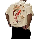 QJQ Men's Letter Graphic Tees Short Sleeve Crewneck T Shirts Trendy Streetear Tops Vintage Japanese Koi Shirts