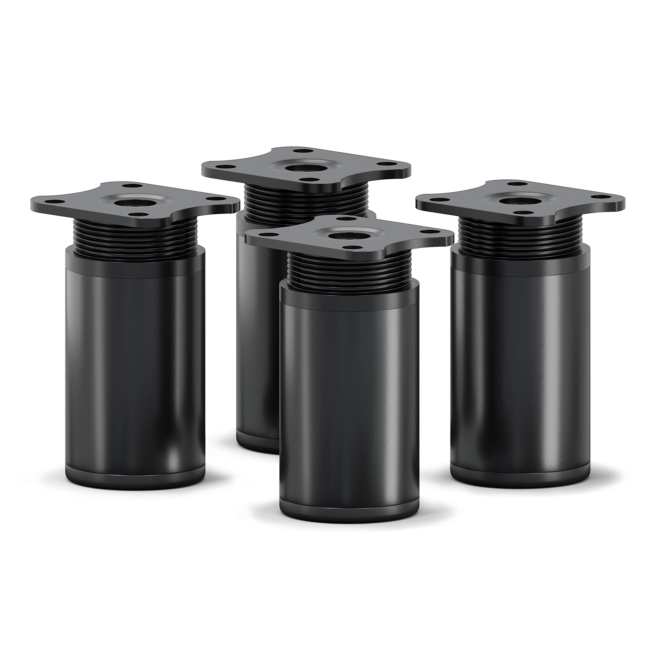 sossai® MFR1 design furniture feet, height adjustable, set of 4, round profile, diameter 40 mm, colour: black matt, height: 60 mm (+20 mm), material: aluminium, wood screws included
