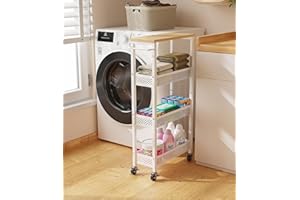 Giwil Slim Rolling Storage Cart 4 Tier Bathroom Organizer Mobile Shelving Unit Utility Cart with Wood Top and Handle for Kitchen Laundry Narrow Places, White