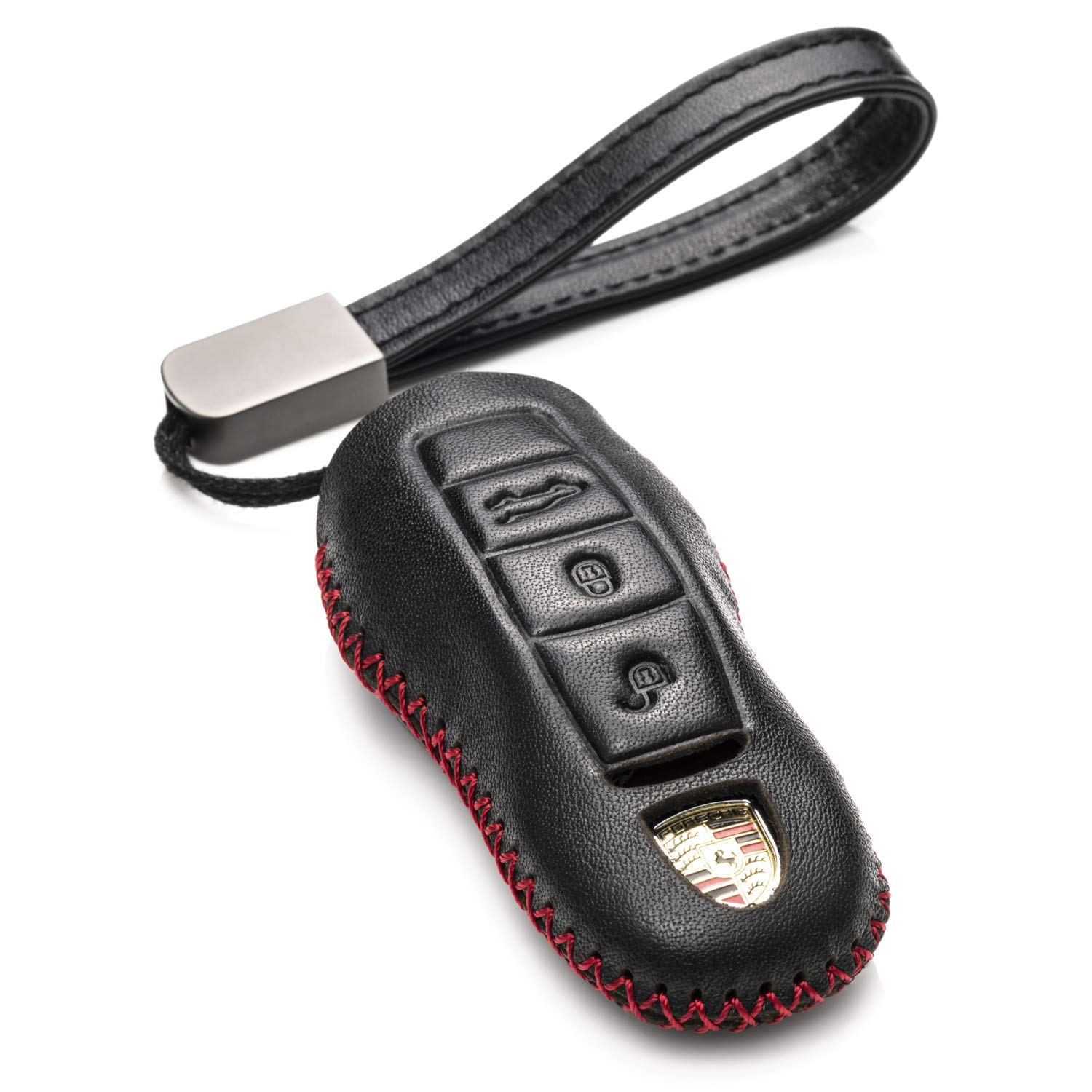 Photo 1 of Vitodeco Genuine Leather Smart Key Fob Case with Leather Key Strap - 3-Button, Black/Red - Compatible with Porsche 718, 911, Panamera, Cayenne