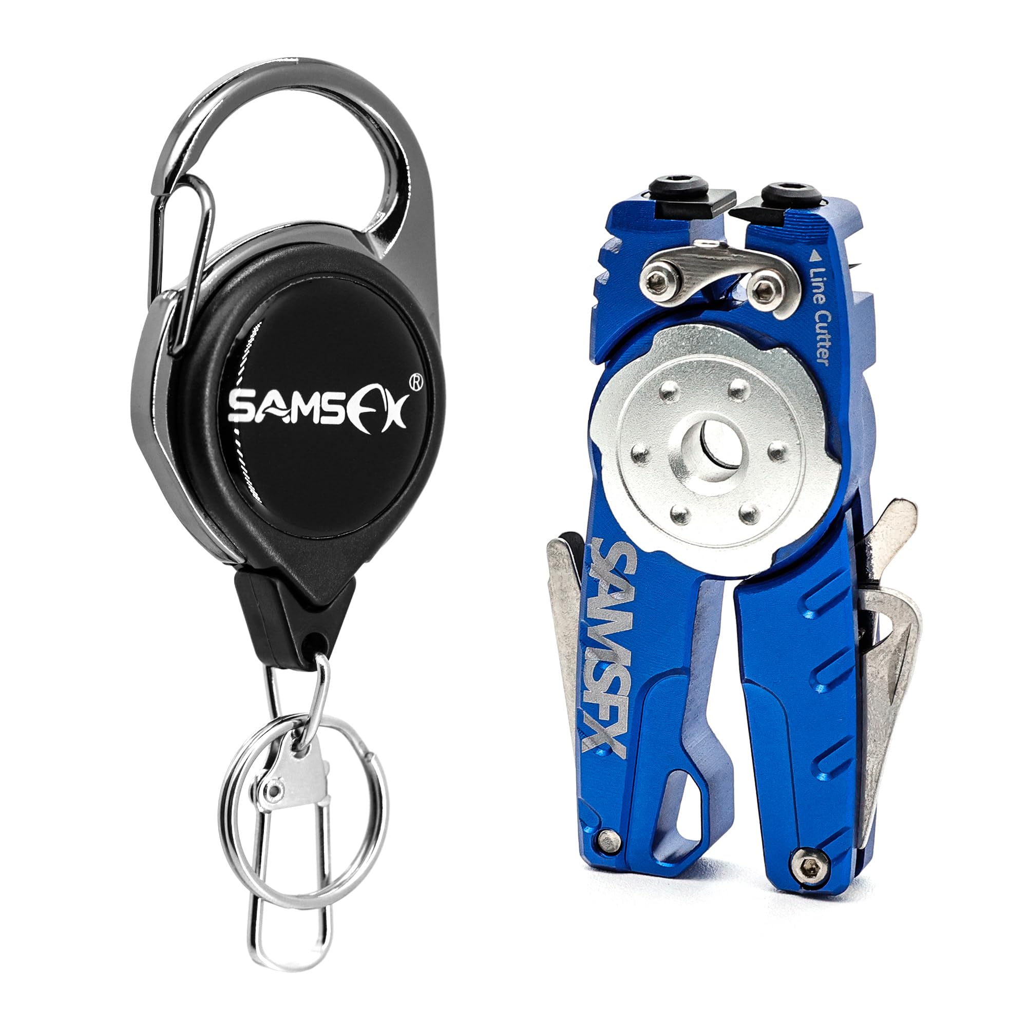 SAMSFX Fishing Tungsten Line Cutter with Zinger Retractors, Fishing Pliers Cutters, Knot Tying Tool, Hook Eye Cleaner, Hook Sharpener, Tune Baits & Loop Tyer Tool (B: Blue Line Cutter with Retractor)