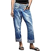Flamingals Straight Leg Jeans for Women Wrap Mid Rise Cuffed Casual Wash Roll Raw Hem Cropped Denim Pants