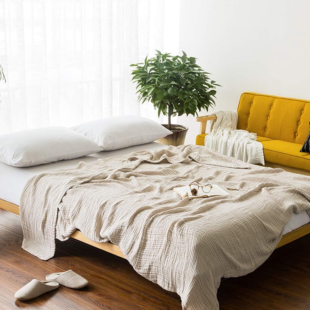 EMME Muslin Throw Blanket 100% Cotton Summer Throw Blankets for Couch 4-Layer Breathable Gauze Blanket All Season Soft and Lightweight Pre-Washed Cotton Blanket (Light Tan, 55"x75"): Kitchen & Dining