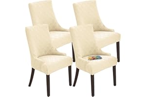 LANSHENG Wingback Chair Covers Slipcover, Accent Chair Covers with Arms, Stretch Jacquard Dining Chair Covers for Dining Room, Kitchen (Set of 6, Beige)