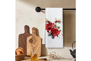 Spring Summer Bee & Red Rose Floral Print Kitchen Towels, Absorbent Microfiber Waffle Weave Dish Cloths & Tea Towels, Waffle 