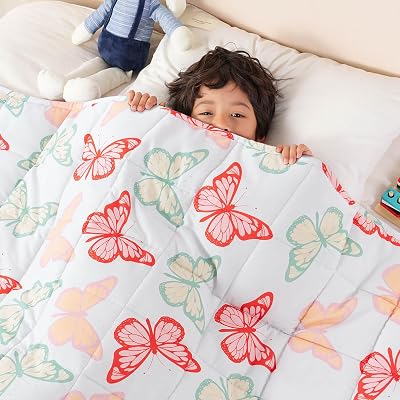 Sivio Weighted Blanket 7lbs, Butterfly Friends Cooling Weighted Blanket, Breathable Heavy Blankets for Sleeping, Washable Weighted Throw Blanket, 41"x60"，White