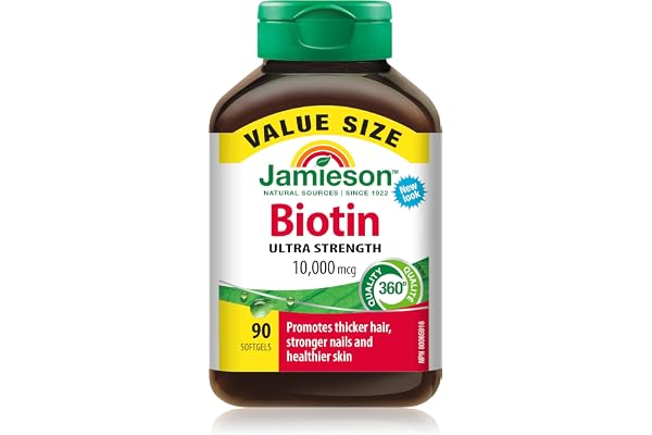 Jamieson Ultra Potency Biotin 10,000 mcg, 90 Softgels. Easy to Swallow, Supports Thicker Hair, Healthier Skin and Stronger Na
