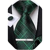 DiBanGu Mens Tie Silk Plaid Striped Necktie and Pocket Square Cufflinks Tie Clip Set with Gift Box Formal Wedding Party