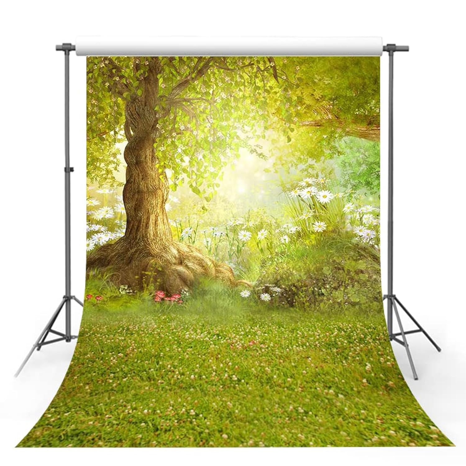 MEHOFOTO 6x8ft Photography Backdrop Happy Easter Woodland Big Tree Meadow Grass White Flower Fairy Tale Photo Studio Booth Background