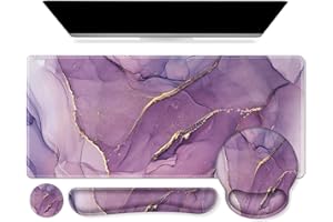 iCasso Purple Mouse Pad with Wrist Support, 4in1 XXL Large Gaming Mousepad + Keyboard Wrist Rest+Mouse Wrist Rest+Coaster, Ergonomic Design Desk Mat for Home Office Table Computer-Purple Marble