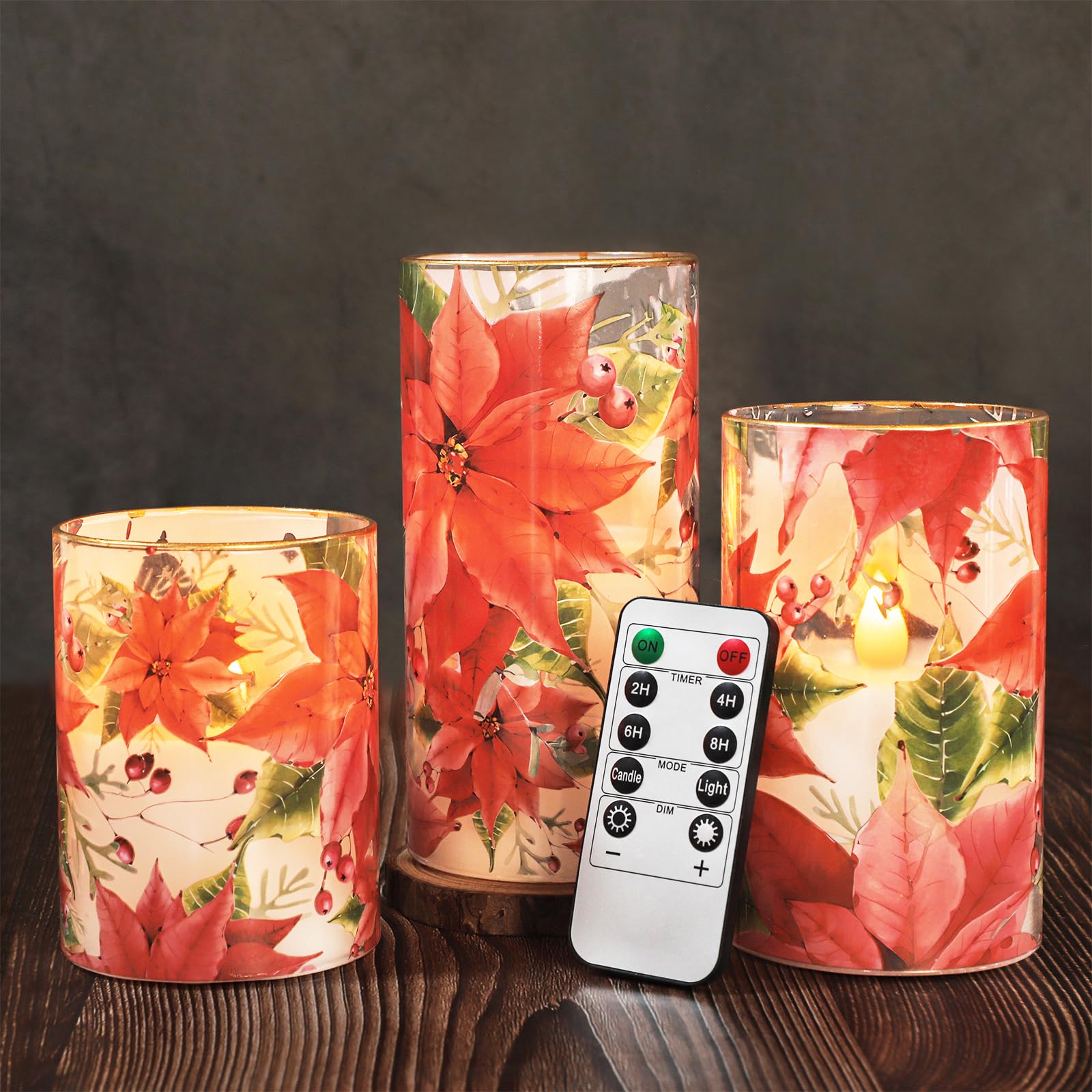Crystal Club Red Poinsettia Christmas Flameless Candles with Remote, Battery Operated LED Pillar Candles, Real Wax & Glass 3D Flickering Flame Holiday Decor for Christmas, Mantel, Gift (Set of 3) Image