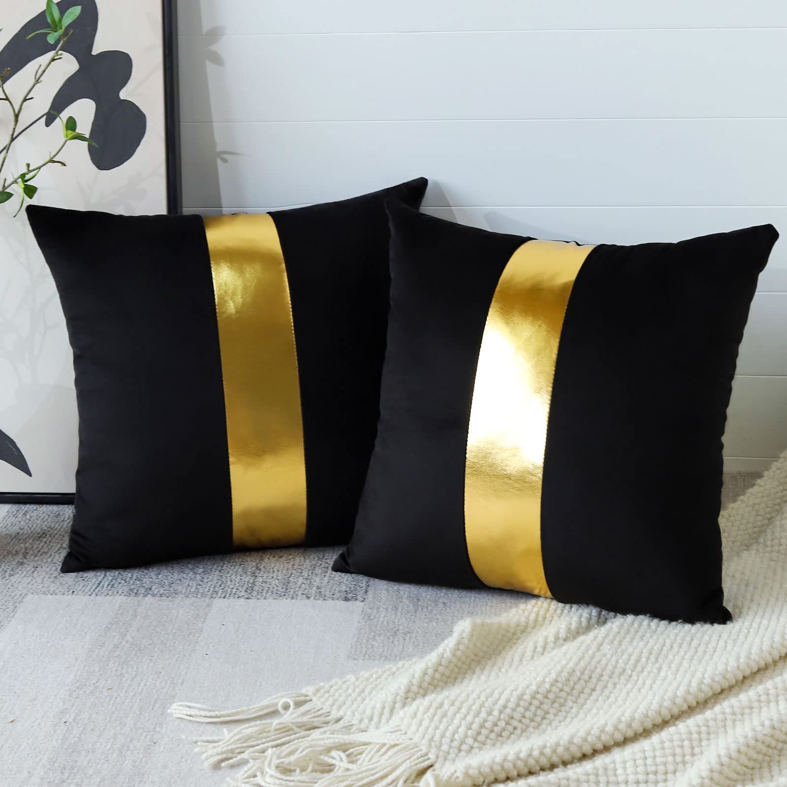 Artscope Black Velvet Cushion Covers with Gold Leather Stitching Luxury Modern Minimalist Square Pillowcase Throw Pillow Covers for Bed Couch Sofa 45x45cm Set of 2