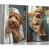 Yaneiro Funny Bathroom Canvas Wall Art-Set of 2 Poodle On Toilet Reading Newspaper Wall Decor Goldendoodle In Shower Humor Animal Poster Picture for Dog Lovers Restroom Ideas Decor 12x16 Inch Framed