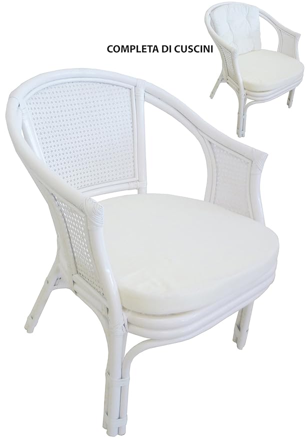title=Poltrona in vimini bambù giunco vienna rattan bianco con cuscini per casa camera