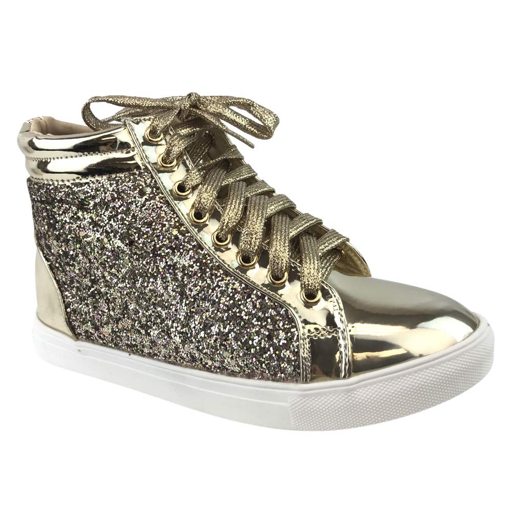 Forever Women's Light Weight Glitter Metallic Lace Up Shoe Booties Sneakers Gold 7