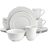 Elama Henryi 16 Piece Embossed Rim Detail Porcelain White Dinnerware Set, Tableware Set, Serveware (16 Piece)
