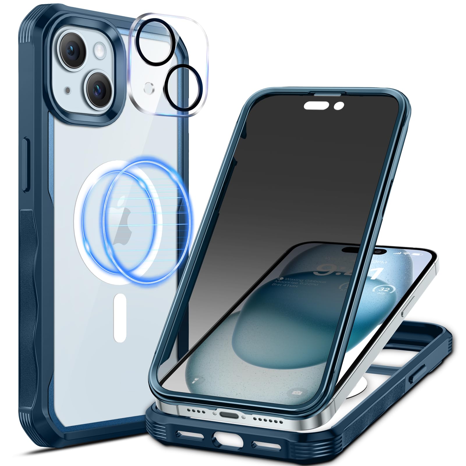 seacosmo Magnetic for iPhone 15 Case 6.1 Inch, Privacy Phone Case Compatible with Magsafe Built-in 9H Tempered Glass Privacy Screen Protector and Camera Protective Full Body Shockproof Case, Blue — image 1