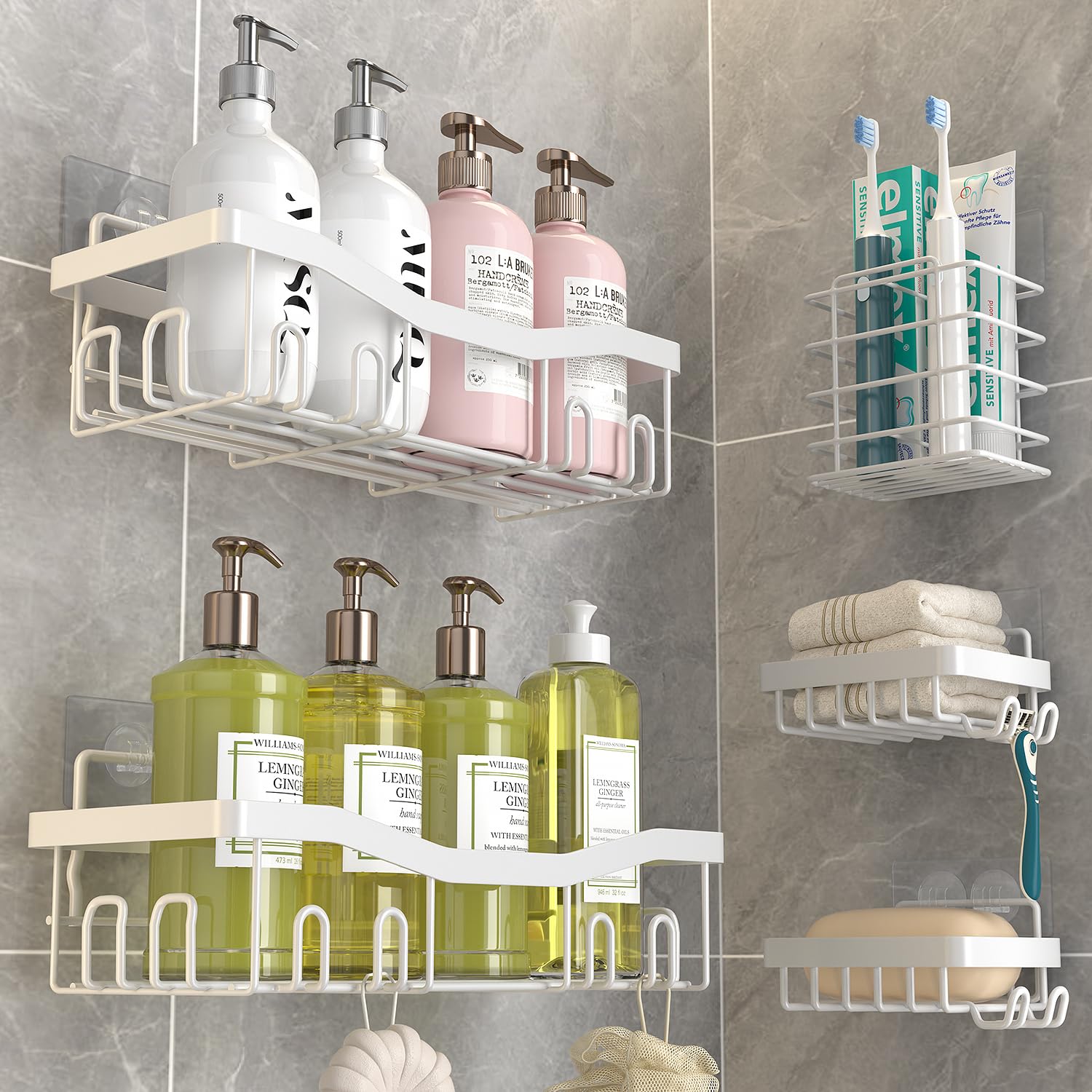 Photo 1 of ***MISSING ADHESIVE*** 
Youvip Adhesive Shower Caddy, No Drilling Bath Organizers 5 Pack, Rustproof Shelves with Soap Holder & Toothbrush Holder, Bathroom Organizers and Storage, White