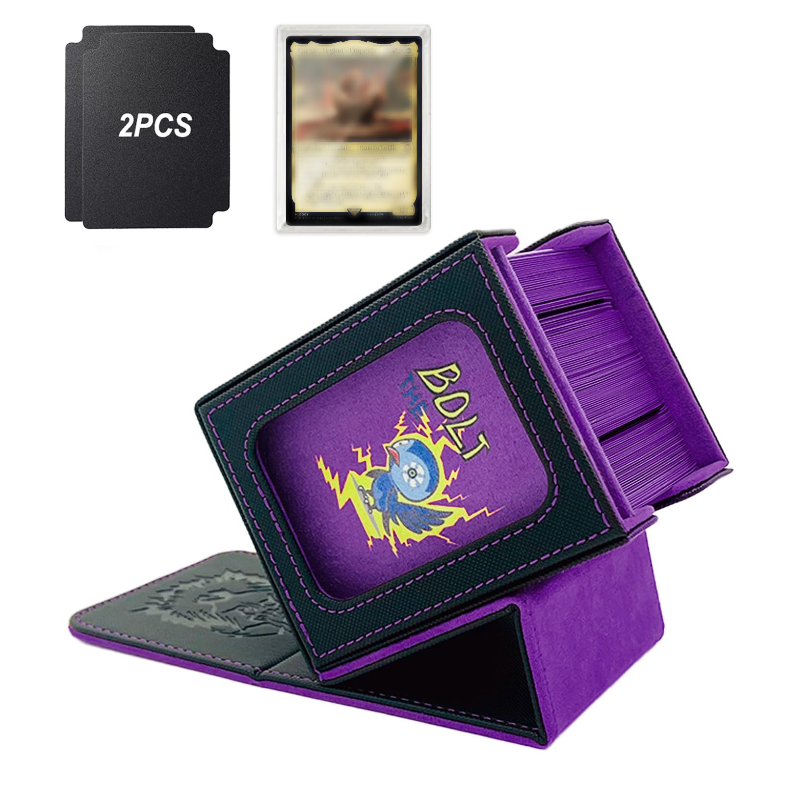 Photo 1 of Stepane Customized MTG Commander Deck Box, 100 Card Deck Box, Magic Card Storage Box with 2 Dividers and 1 Mini Snap Card Holder Black/Violet