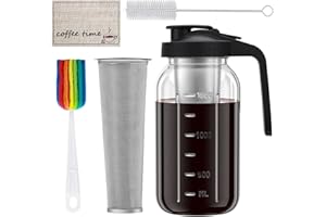 HEYGLEE Cold Brew Coffee Maker, 64oz Iced Coffee Tea Pitcher with Stainless Steel Filter & Coffee Mat, 1/2 Gallon Heavy Duty Glass Mason Jar Cold Brew Maker with Pour Spout Handle Lid, 2 Brushes, Leak-Proof