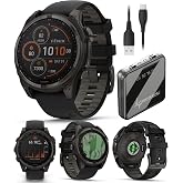 Wearable4U Garmin Fenix 8 &ndash; 47 mm, Multisport GPS Smartwatch, Solar, Sapphire, Carbon Gray DLC Titanium with Black/Pebble Gray Silicone, Built-in LED Flashlight, Voice Control Power Bank Bundle
