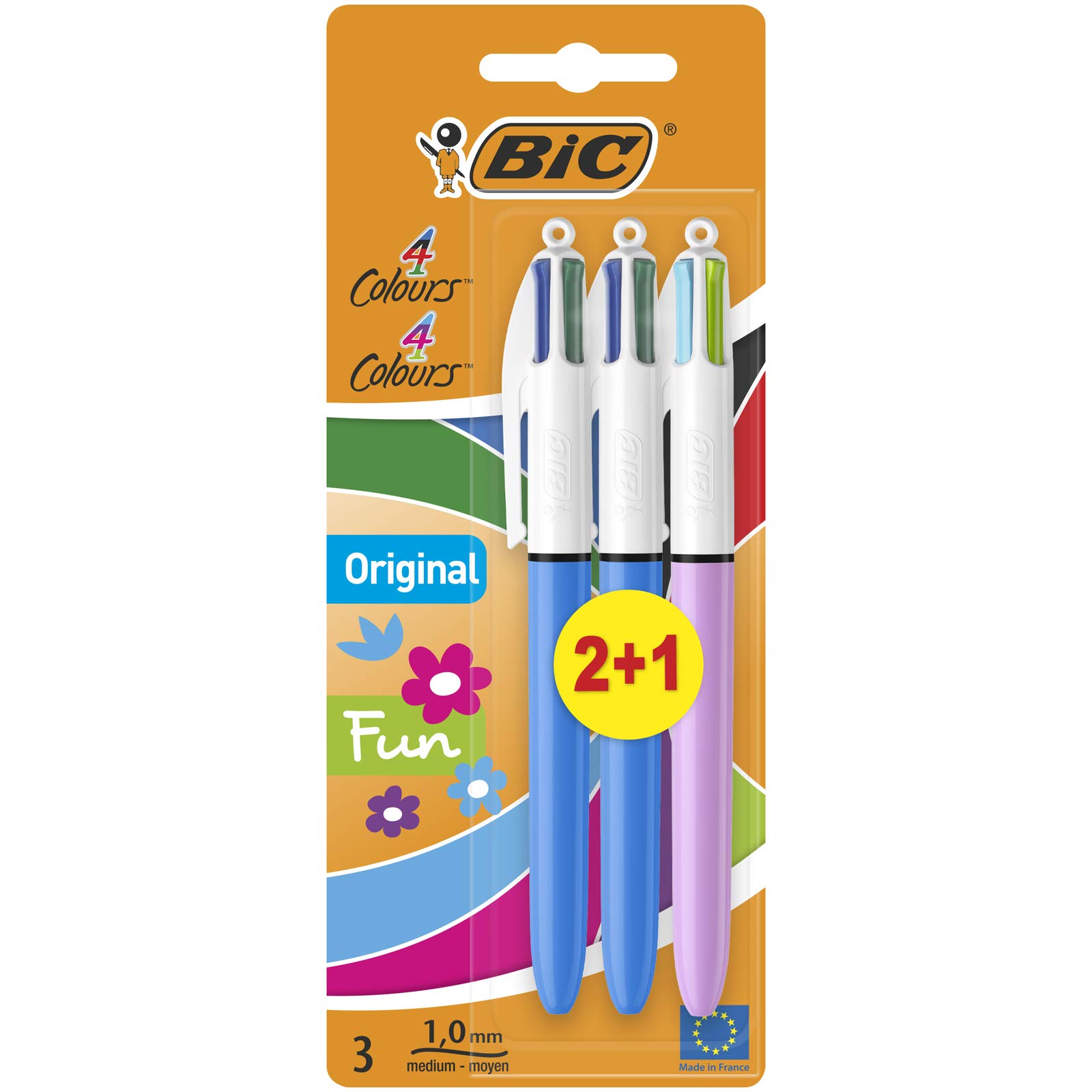 Bic 883783 4 Colours Original and Bic 4 Colours Fun Ball Pens Medium Point (1.0 mm) - Blue, Green, Lilac, Lime, Turquoise, Pink, Red, Black, Purple, 3 Count (Pack of 1)