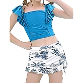 Jxstar Girls Swimsuit 2 Piece Flutter Sleeve Tankini Adjustable Straps Swimwear for Girl with Printed Swim Shorts