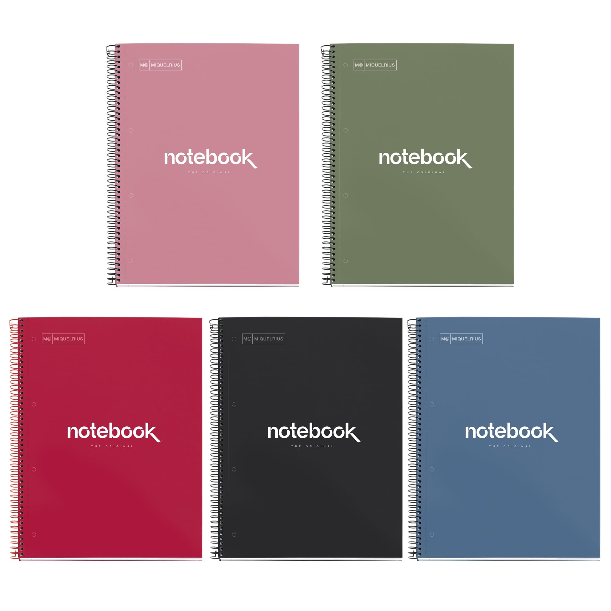 Miquelrius - Pack of 5 A4 Notebooks, Emotions Intense Notebook, 80 Sheets 90 g/m², Squared 5 mm Notebooks, Hard Cover and Spiral, 4 Drills, Ideal for Back to School or Office