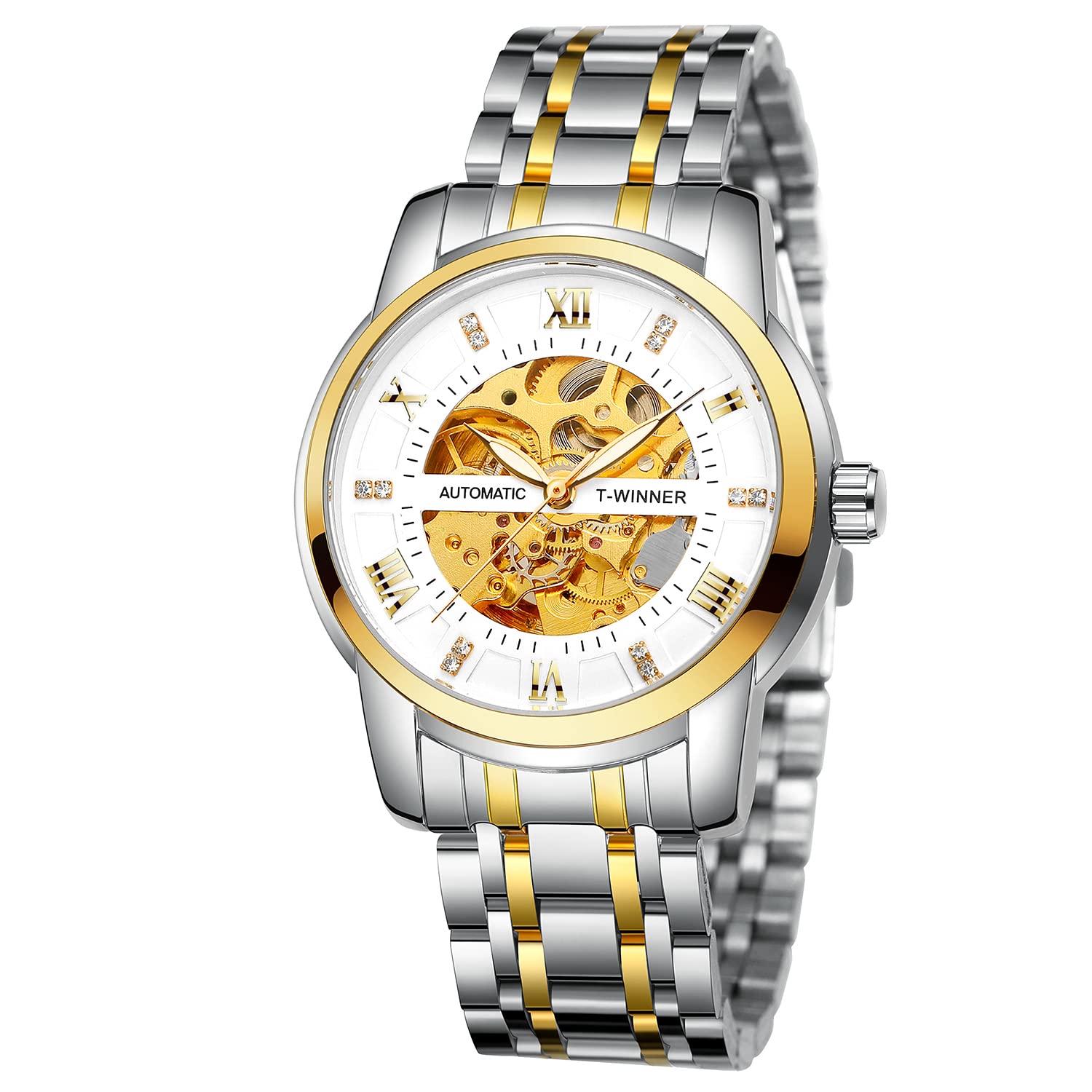 FORSINING Men's Automatic Self Winding Watch Luxury Skeleton Waterproof Stainless Steel Mechanical Wrist Watch (05-WhiteGoldSilver)