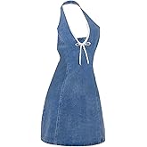 WDIRARA Women's Bow Halter Mini Jean Dress Lace Trim Sleeveless Backless Denim Dresses