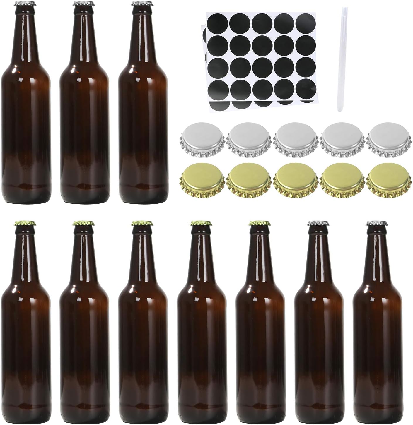 Beer Bottles, COMUDOT 500ML Personalized Amber Glass Wine Bottles, 10 PCS Creative Brown Beer Brewing Bottles with 10 Silver & 10 Gold Lids, Perfect for Home Brew, Drinks,Party