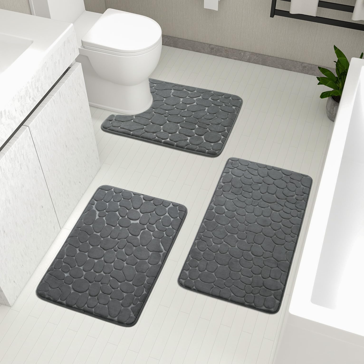 chakme Bathroom Rugs Sets 3 Pieces, Cobblestone Memory Foam Bath Mat, Non-Slip, Absorbent, Washable, Dark Grey, 81 x 51 cm, 61 x 43 cm