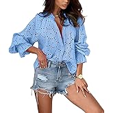 chouyatou Women's Boho Crochet Shirts Lantern Sleeve Button Down Lace Eyelet Blouse Tops