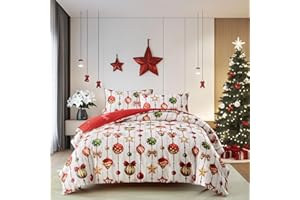 Jolusere Christmas Duvet Cover King Size Christmas Themed Duvet Covers White Red Reversible Duvet Cover Set Holiday Decor Bell Bow Tie Pattern Bedding Set for Girls Boys Kids(No Comforter)