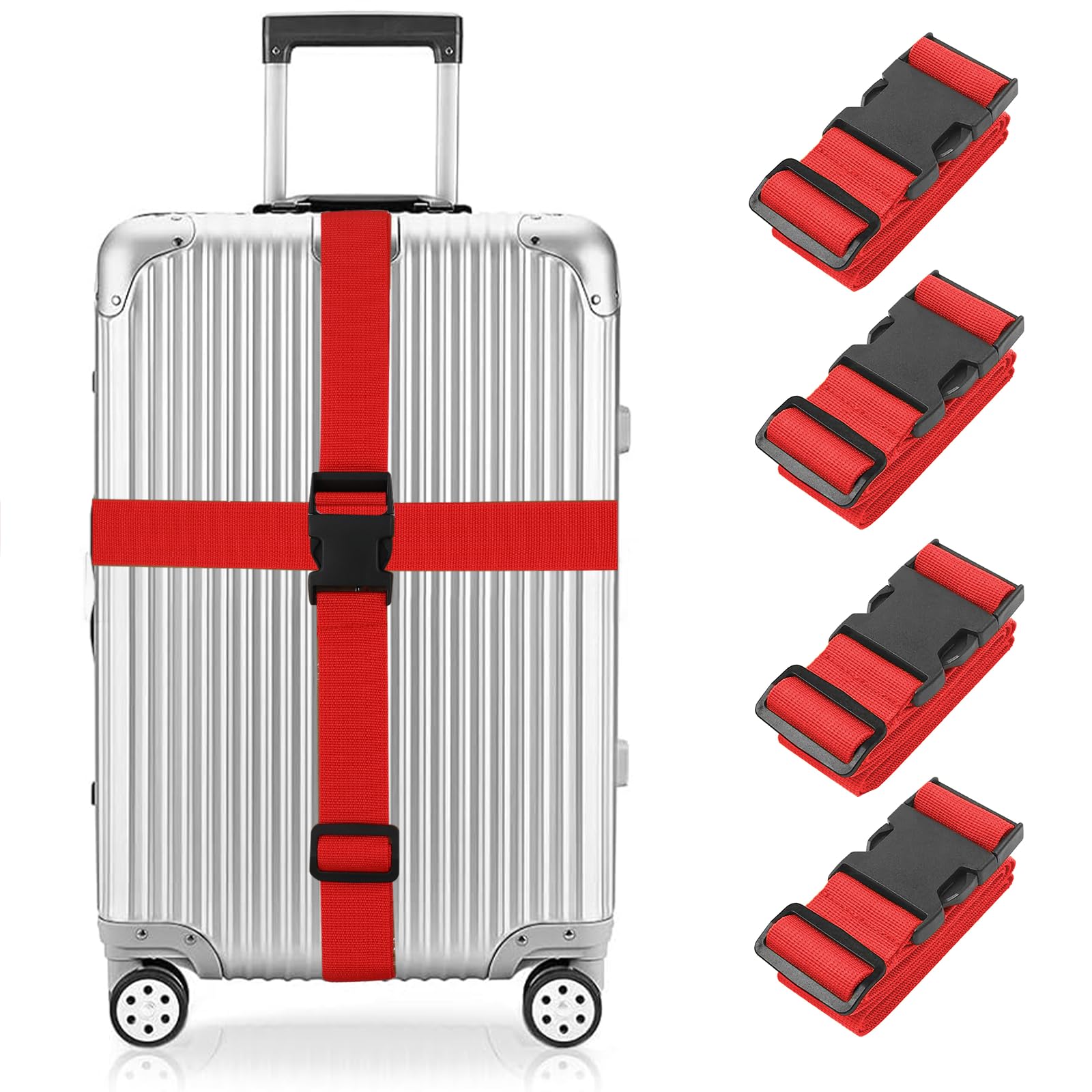 Newthinking Luggage Straps for Suitcase 4 Pack, Heavy Duty Adjustable Suitcase Bands with Buckle, Red Luggage Identifier Belts for Travel Case, 3.8x200CM