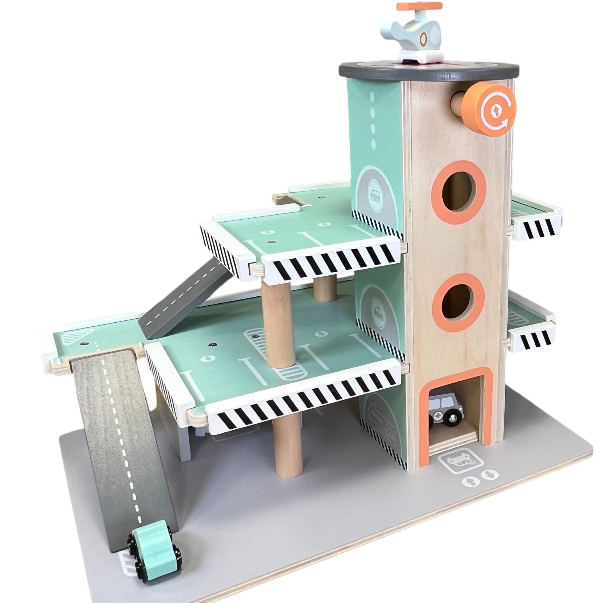 Jumini Wooden Toy Garage with Working Lift, Car Wash & Helipad - Includes Helicopter, Ambulance & Car - Ages 2+