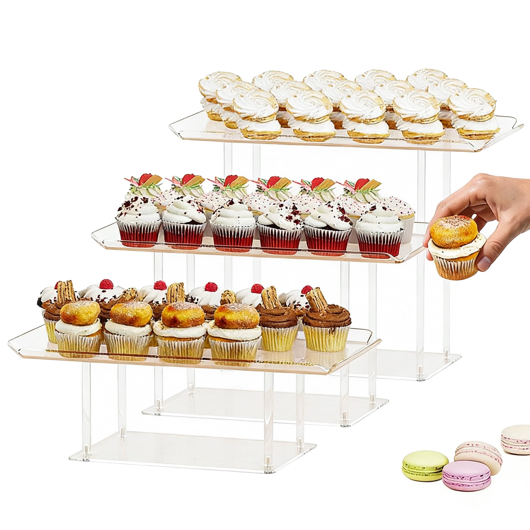 Photo 1 of HeiMma 3 Pack Dessert Table Display Set, Clear Acrylic Desert Stands Buffet Risers for Cupcakes Dessert Pastry Food Treat Tier Cookie Dessert Platter Serving Trays Stand for Wedding Birthday Party