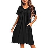 Ekouaer Nightgowns for Women Short Sleeve House Dress with Pockets Pleated Soft Moomoo V Neck Sleepwear
