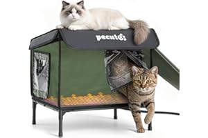 Pecute Heated Outdoor Cat House with Heating Pad - Weatherproof Insulated Winter Shelter for Outside Feral Cats, Cathouse with 2 Exits, Reinforced Metal Frame, Expanded Canopy for Porch Garage Barn