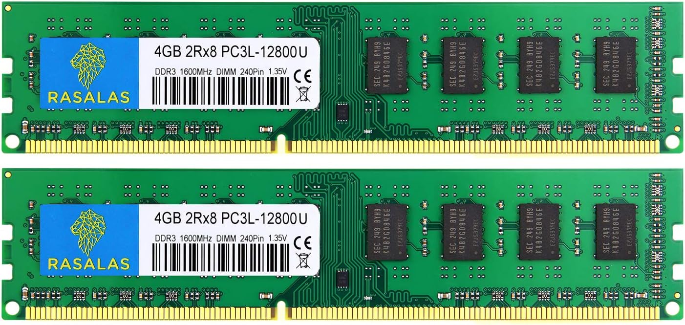 Rasalas PC3L-12800U 8GB Kit (2X 4GB) DDR3 1600 Ram PC3L 12800 DDR3 8 GB 2Rx8 DDR3 Udimm 1.35V CL11 RAM Memory for Desktop
