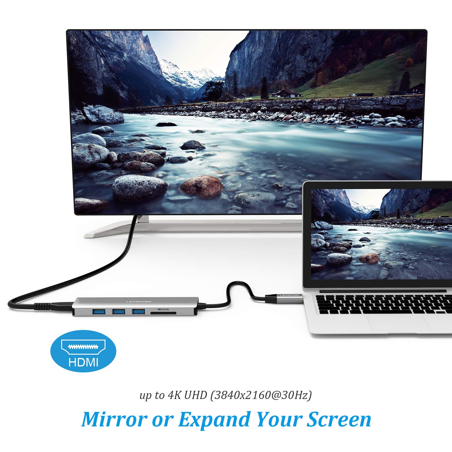 LETSCOM USB C Hub, 6 in 1 USB C Adapter with 4K HDMI, 3 USB 3.0 Ports, SD/TF Card Reader Compatible for USB C Devices