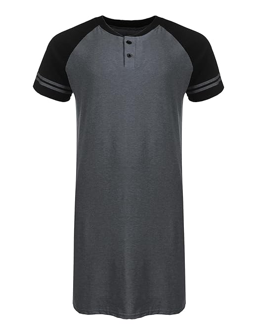 Kisshes Herren Baumwolle Schlafanzug Kurzarm Pyjama Sommer Nachthemd Herrennachthemd Nachtshirt Schwarz Navy Blau