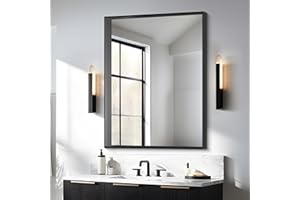 BONEWEI 30x36 inch Bathroom Mirror,Black Rectangle Mirror,Large Wall Mounted Bathroom Frame Vanity Mirror with Notches Corner for Bedroom,Living Room,Entryway Hangs Horizontally or Vertically