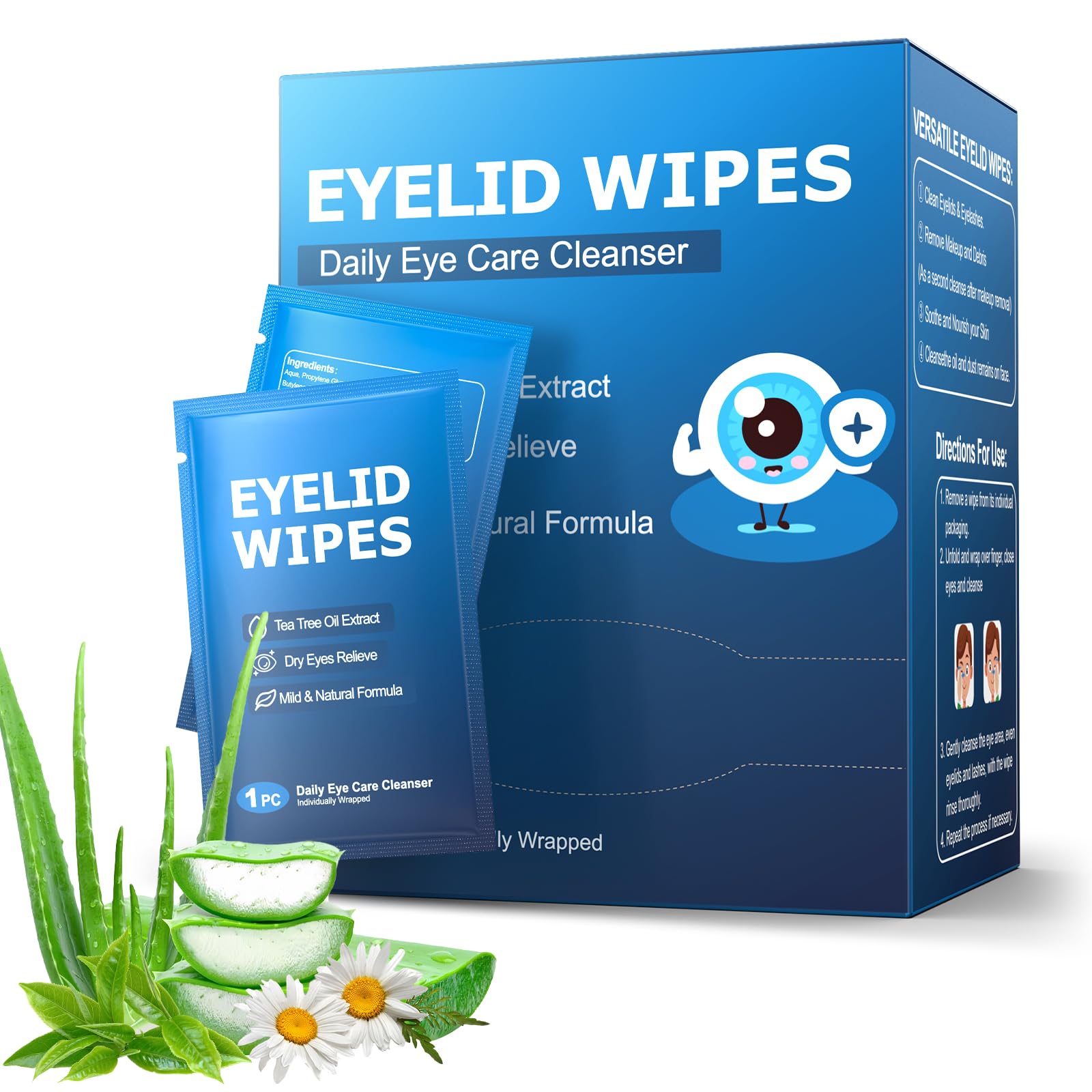 60PCS Tea Tree Oil Eyelid Wipes for Blepharitis, Dry, Itchy & Stye Eyes - Gentle for Sensitive Eyes - Instant Relief for Office, Travel Essentials for Women and Men