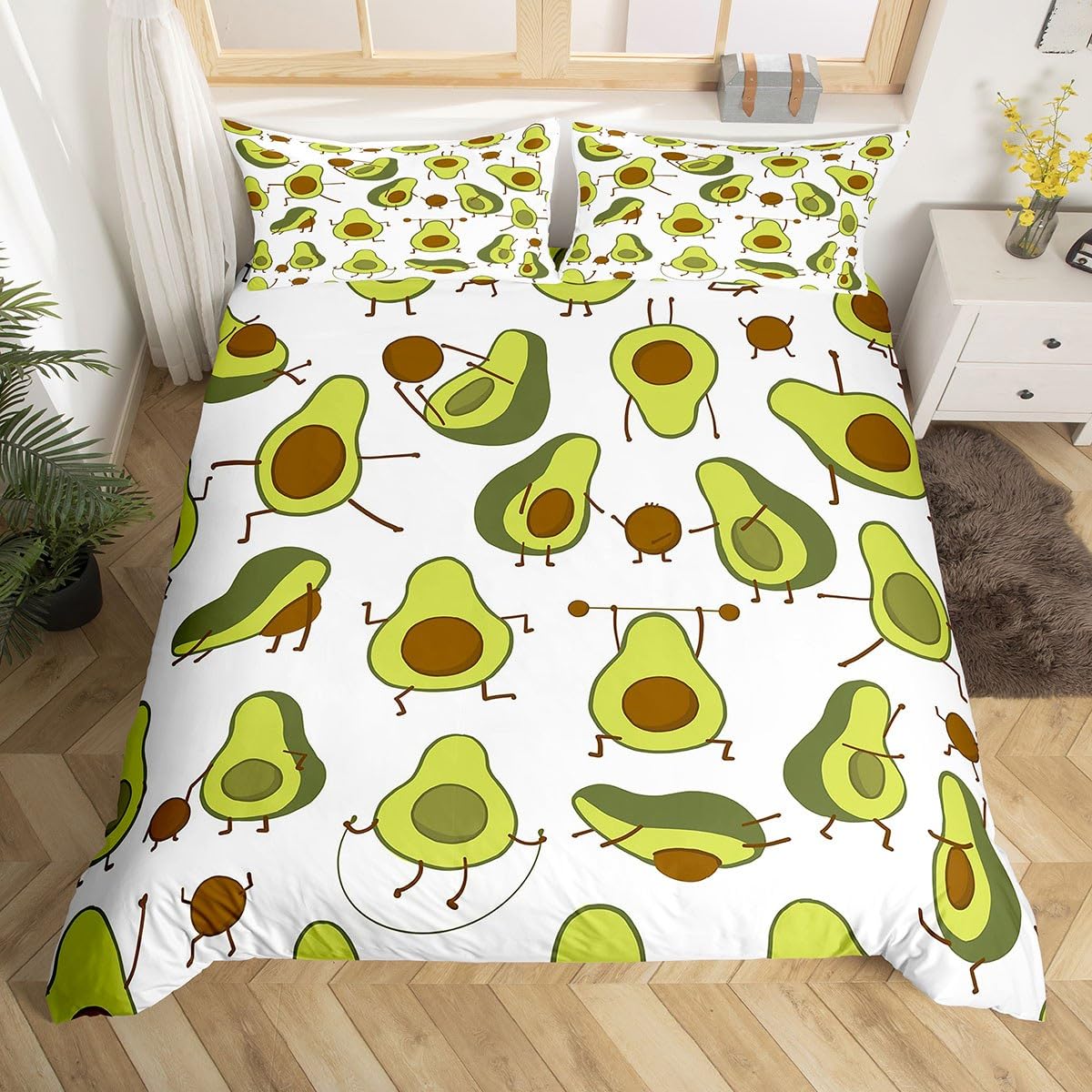 Loussiesd Cute Avocado Bedding Set for Girls Boys Kids Cartoon Sports Avocado Comforter Cover Set Kawaiiative Duvet Cover Lovely Fruit Bedding & Linen Double Size 3Pcs Bedclothes
