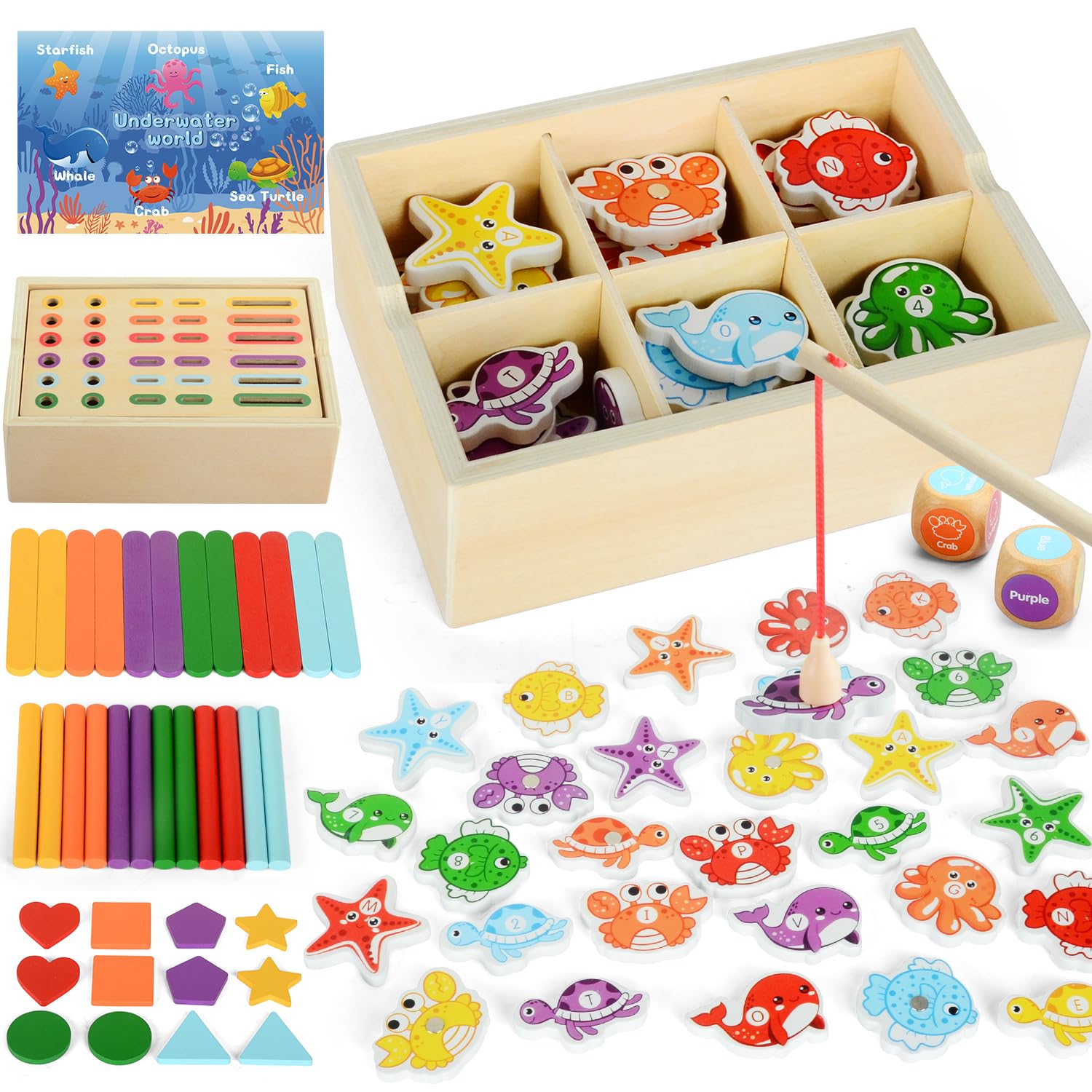 Montessori Toys for 1+ Year Old, 2-in-1 Magnetic Fishing Game & Color Sorting Toys for Toddlers, Montessori Wooden Educational Learning Toys for 1 2 3 Year Old Boys Girls, Gifts for Birthday Christmas