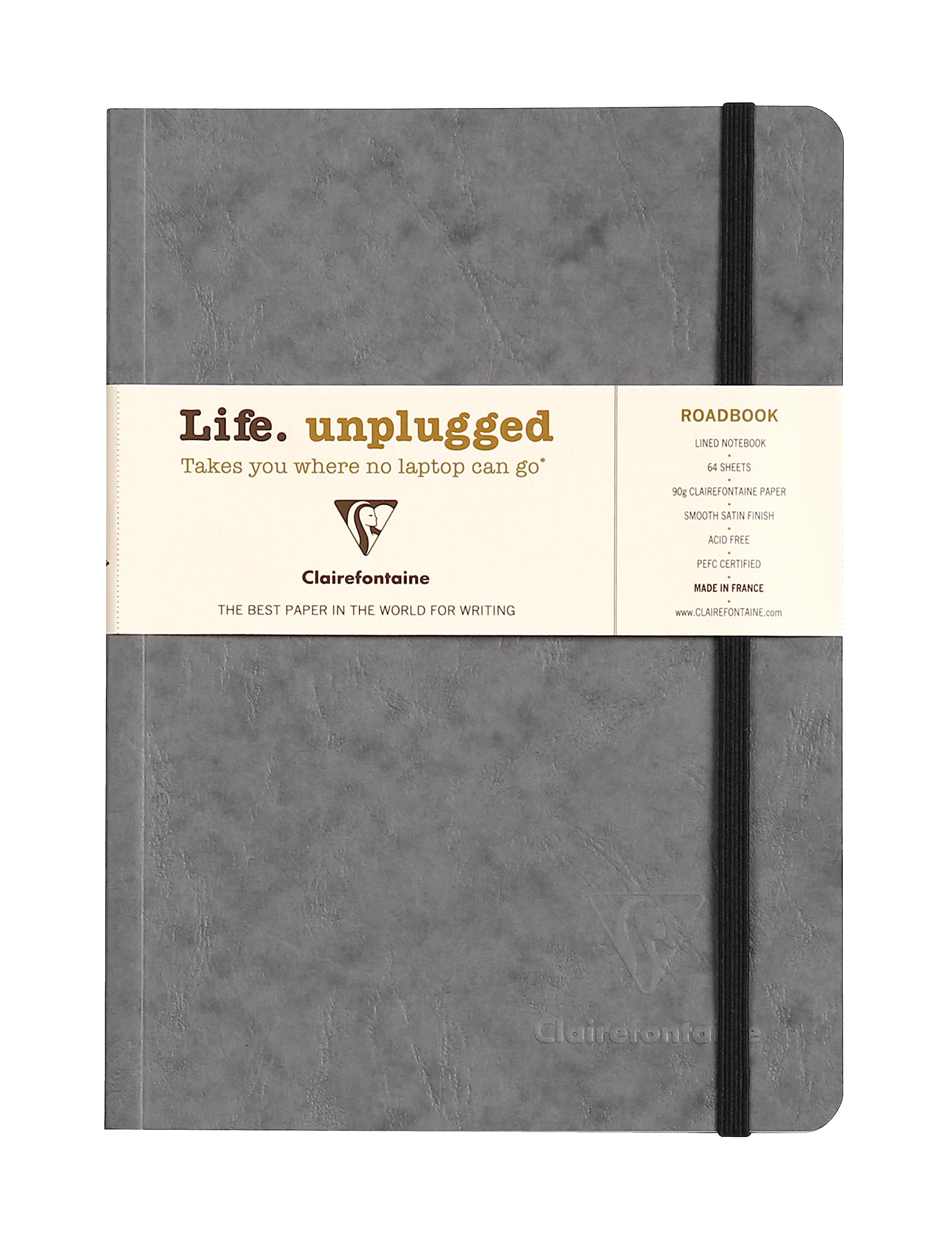 Clairefontaine 793125C Collection Age bag An Elasticated Notebook Square Glued Roadbook Gray - A5 14.8 x 21 cm - 128 Pages Small Squares - White Paper 90 g - Glossy Leather Grain Card Cover