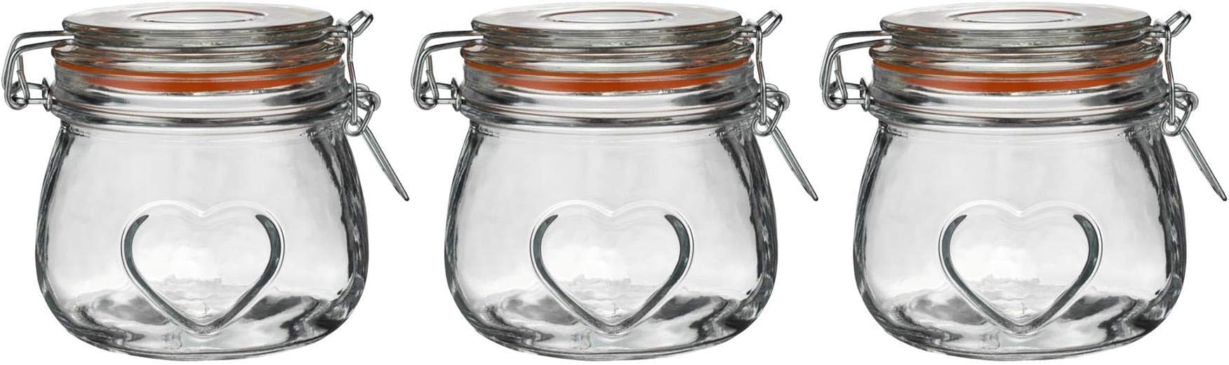 Nicola SpringHeart Glass Storage Jars with Airtight Clip Lid - 500ml Set - Orange Seal - Pack of 3