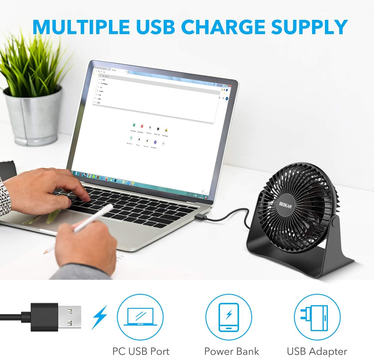BESKAR USB Small Desk Fan - 6 Inch Portable Fans with 3 Speeds Strong Airflow, Quiet Operation and 360°Rotate, Personal Table Fan for Home,Office, Bedroom - 3.9 ft Cord: Home & Kitchen