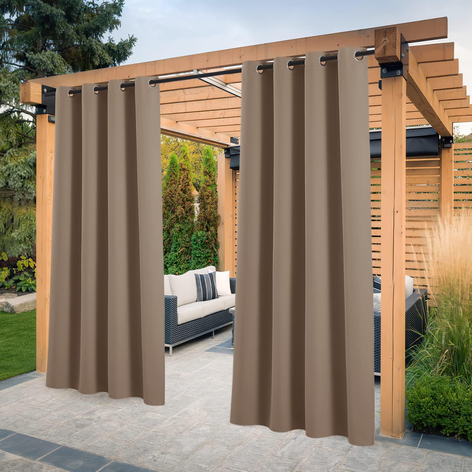 PONY DANCE Patio Curtains, Opaque, Pack of 2, Outdoor Curtains with Eyelets, Privacy Screen and Sun Protection, Balcony Curtain, Weatherproof, Outdoor Curtain, Waterproof, H 213 x W 132 cm, Cappuccino